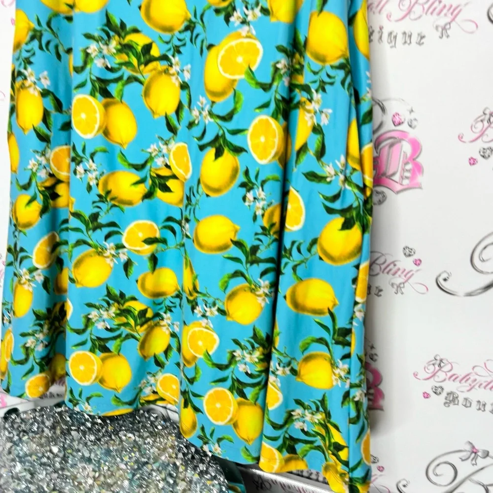 Yelete dress Lemon Print Blue yellow pockets on sides Tshirt style - Picture 5 of 11